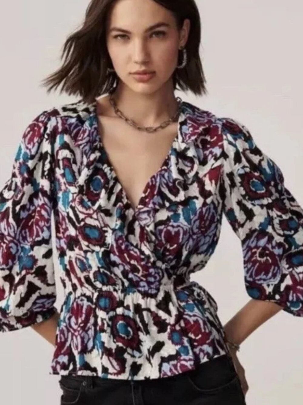 ba&sh Gato Wrap Ruffle Floral Blouse Multicolor Fall Moody Florals Flowy Sz S